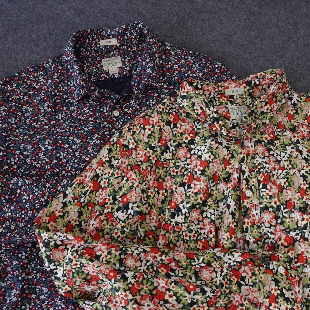 Lot of 2 J. Crew Slim Secret Wash Organic Cotton Stretch Floral Shirts Mens L